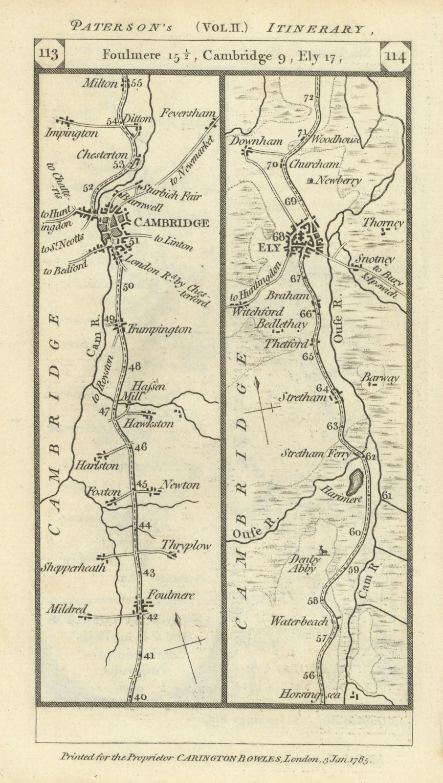 Cambridge - Ely road strip map PATERSON 1785 old antique plan chart